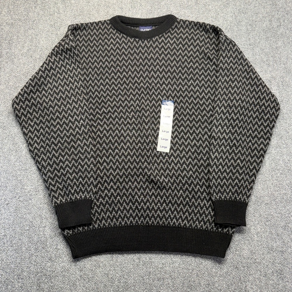 Puritan Mens Large Black Grey Zigzag Chevron Crewneck Acrylic Sweater NWT